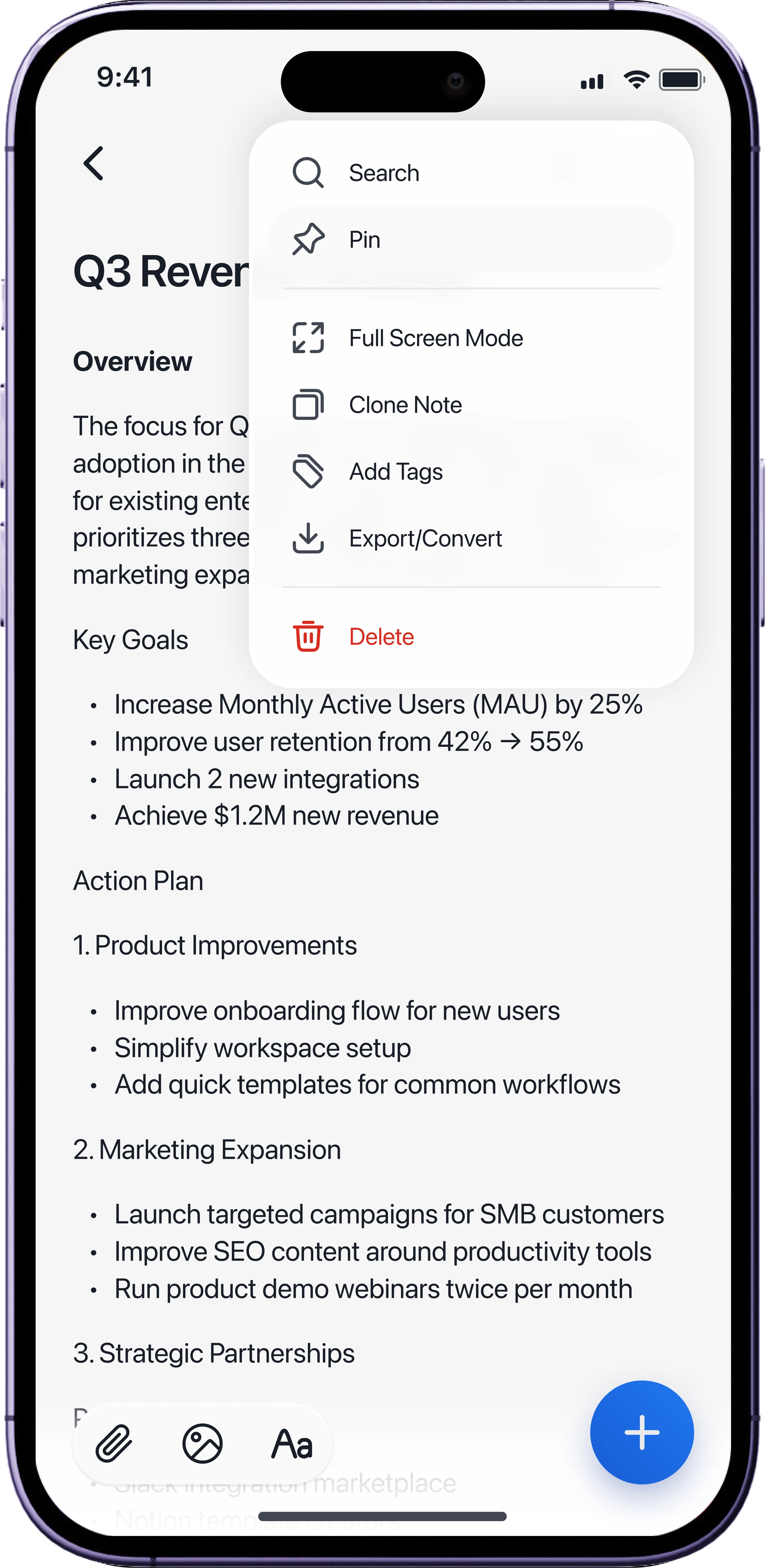 OXU Note editor screen